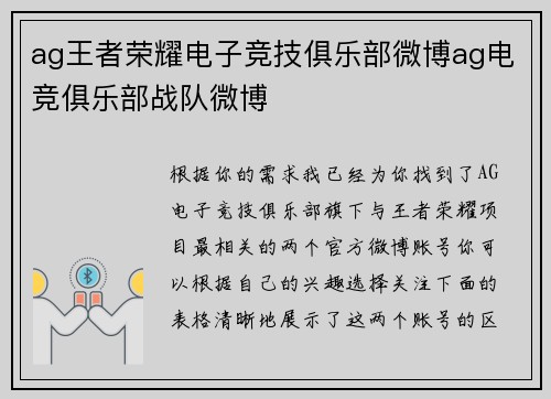 ag王者荣耀电子竞技俱乐部微博ag电竞俱乐部战队微博